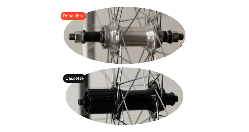 Comparaison du moyeu d’une roue arrière : en bas système avec cassette et en haut roue libre